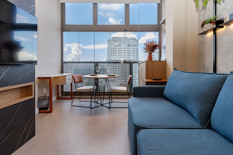 Belo Studio c/ mezanino em Moema | Piscina Rooftop