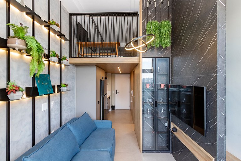 Belo Studio c/ mezanino em Moema | Piscina Rooftop