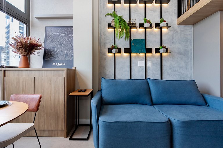 Belo Studio c/ mezanino em Moema | Piscina Rooftop