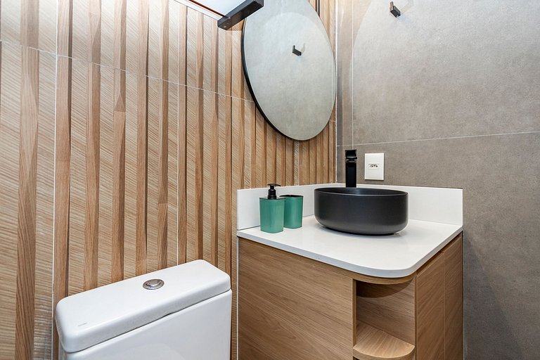 Belo Studio c/ mezanino em Moema | Piscina Rooftop