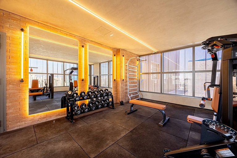 Belo Studio c/ mezanino em Moema | Piscina Rooftop