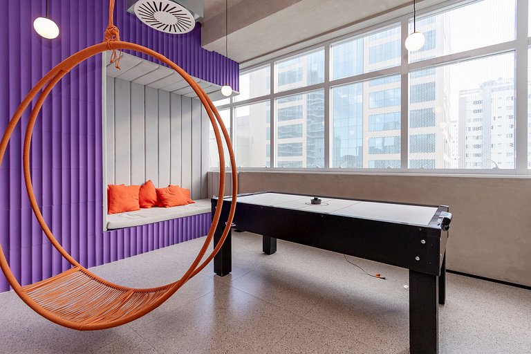 Belo Studio c/ mezanino em Moema | Piscina Rooftop